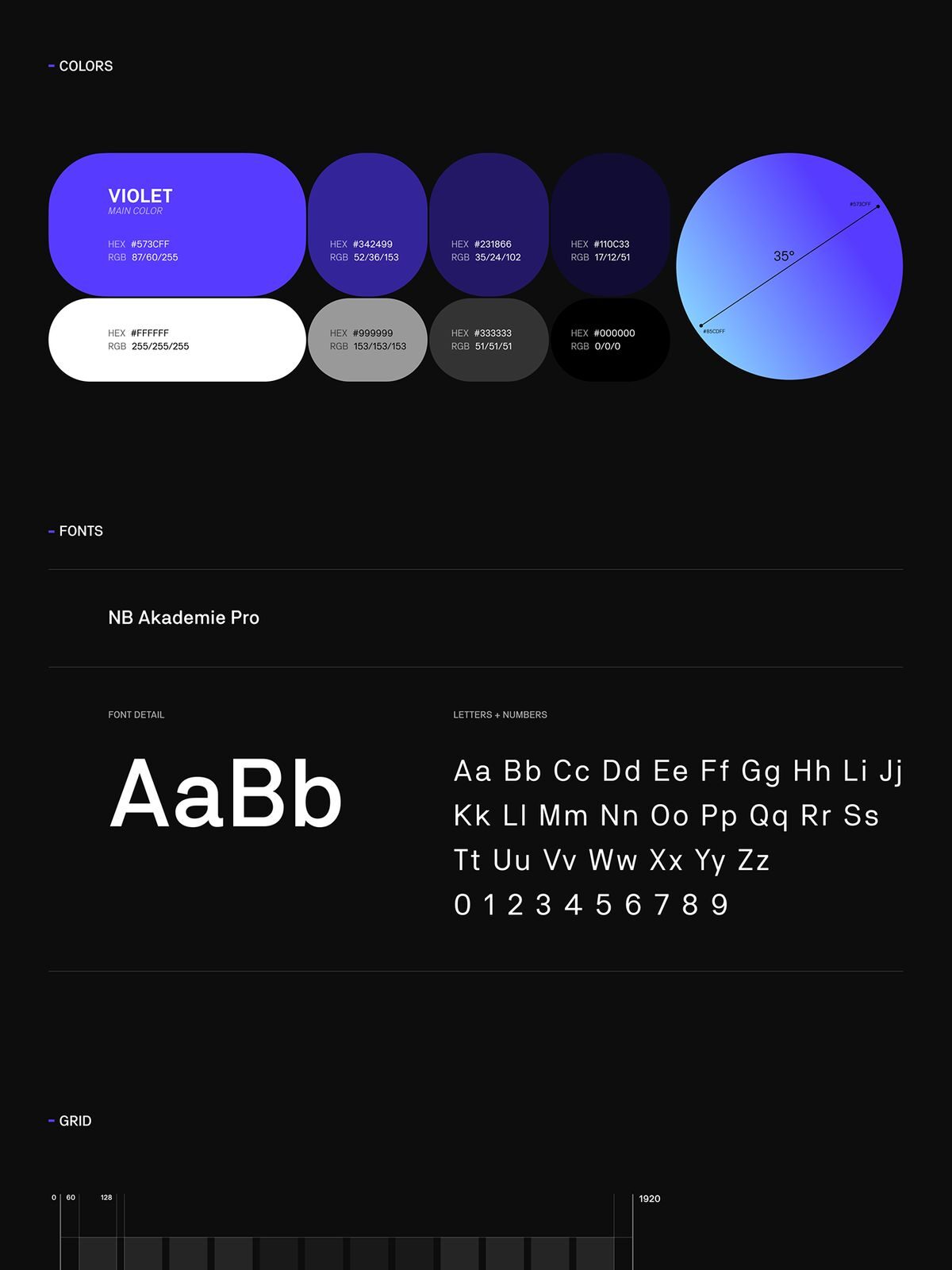 Design guide featuring violet color palette, NB Akademie Pro font, and grid layout for web development.