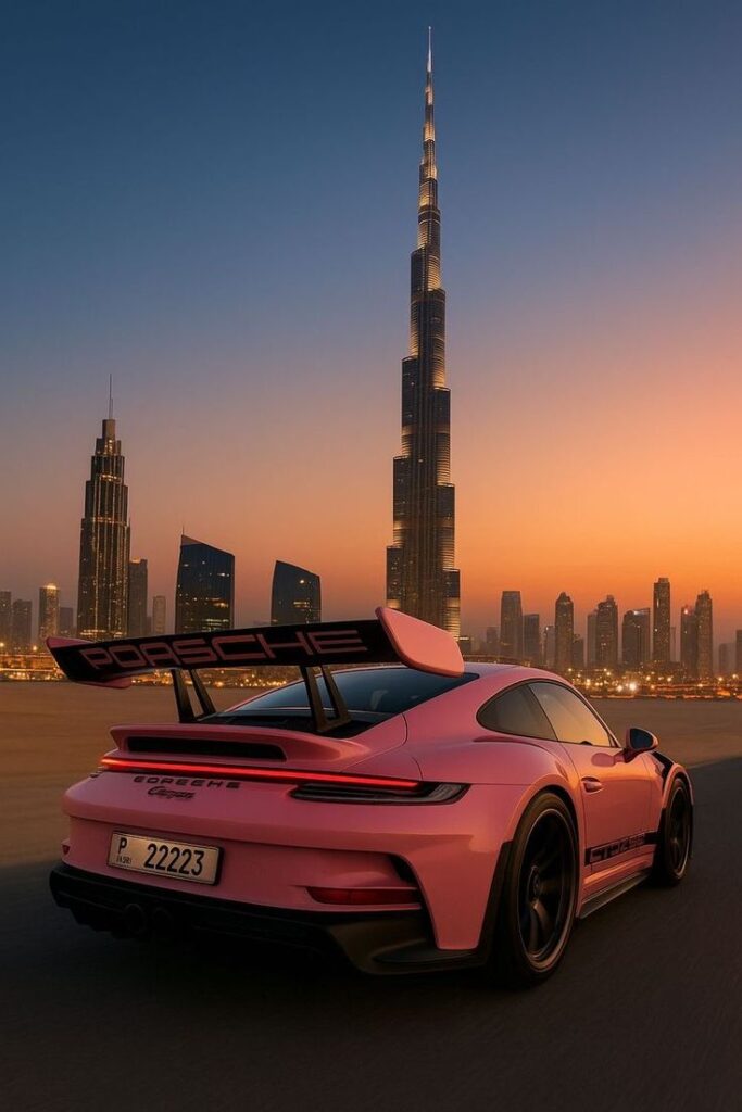 Pink Porsche sports car under Dubai skyline at sunset, featuring the Burj Khalifa towering above.