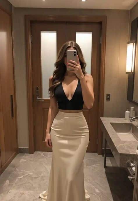 Woman in a mirror selfie wearing a black top and elegant cream skirt in a modern bathroom setting.