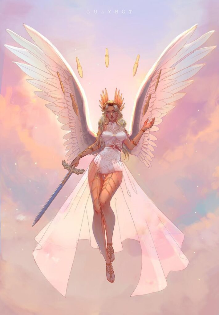 Angel with golden wings and sword in a pink sky, wearing a crown and white dress. Fantasy art illustration.