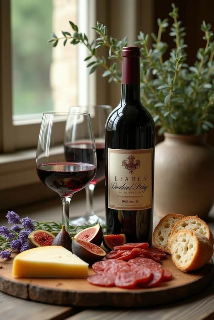 c2d52a045de36df9c913c661c904b0d8 Bottle of red wine with a cheese, figs, salami, and baguette platter on a wooden board by a window. | Sky Rye Design Bottle of red wine with a cheese, figs, salami, and baguette platter on a wooden board by a window.