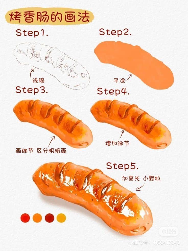Tutorial on drawing sausages in five steps, showcasing shading and highlights for a realistic look.