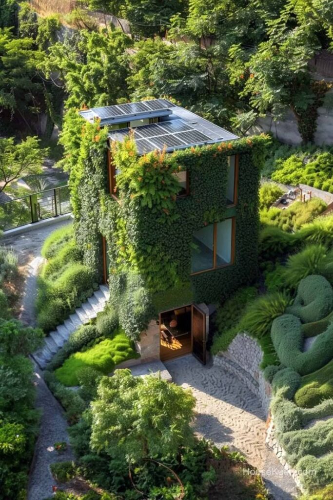 c3645377-3fc2-478d-9a1f-8d0cd6218fc1 Eco-friendly house covered in greenery with solar panels on the roof, surrounded by lush gardens. | Sky Rye Design Eco-friendly house covered in greenery with solar panels on the roof, surrounded by lush gardens.