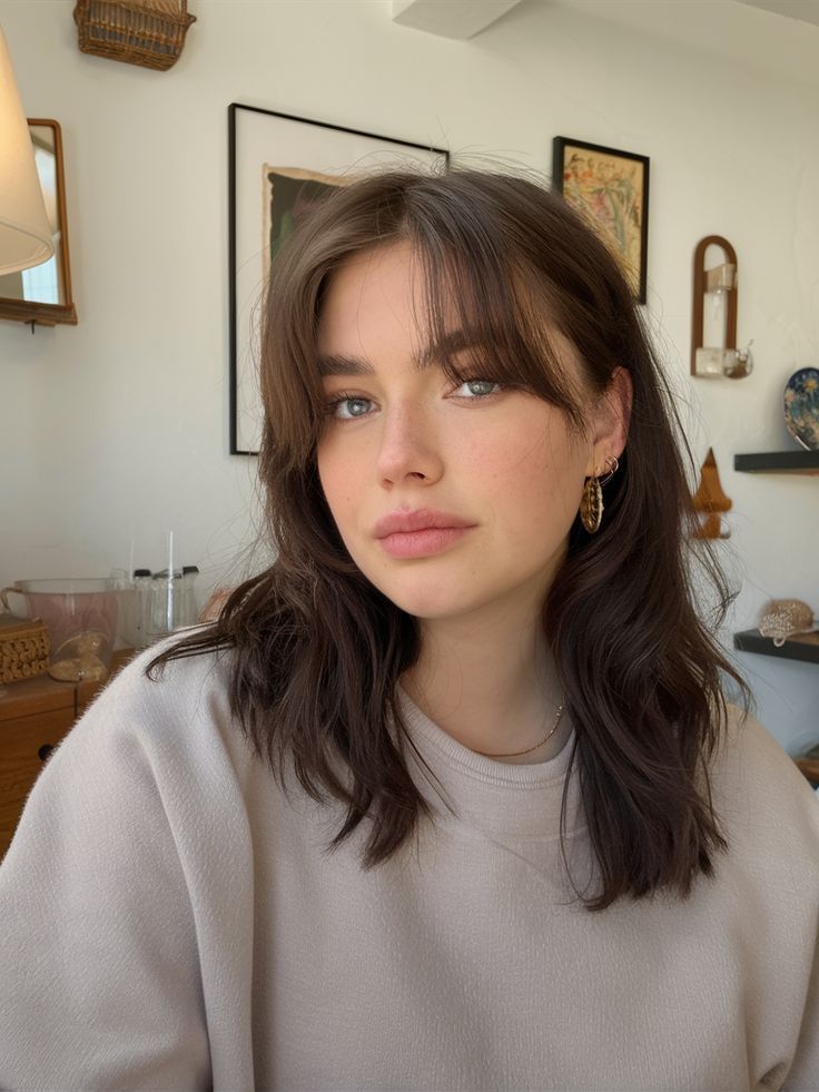 Woman with long brown hair in a cozy room, wearing a light sweater and hoop earrings.