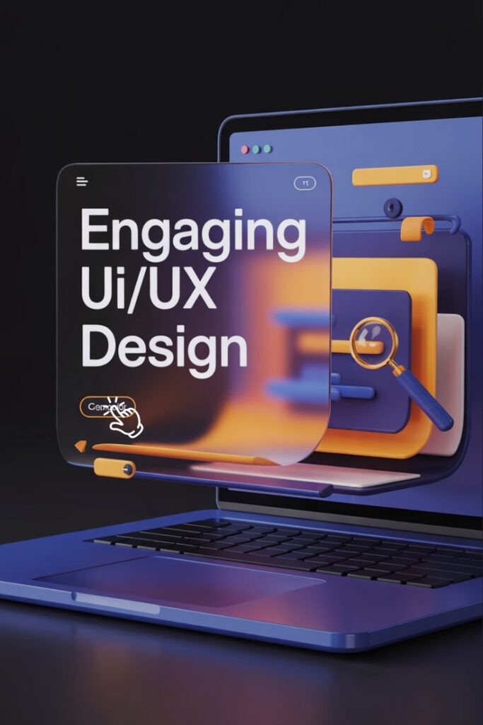 c59824e5b82c286b55415d17823b3dc4 3D illustration of a laptop with vibrant UI/UX design elements and text Engaging UI/UX Design on screen. | Sky Rye Design 3D illustration of a laptop with vibrant UI/UX design elements and text Engaging UI/UX Design on screen.