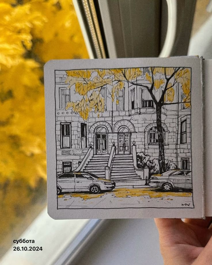 Hand-drawn sketch of an urban building with trees, cars, and stone steps, featuring yellow accents. Seen through a window.