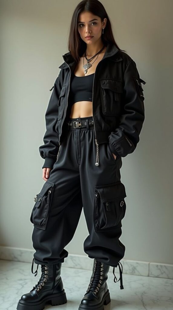 c5f6afe7-38a7-4d44-8d60-15ddb70a3bdb Young woman in stylish black outfit with cargo pants and boots, showcasing edgy fashion indoors. | Sky Rye Design Young woman in stylish black outfit with cargo pants and boots, showcasing edgy fashion indoors.