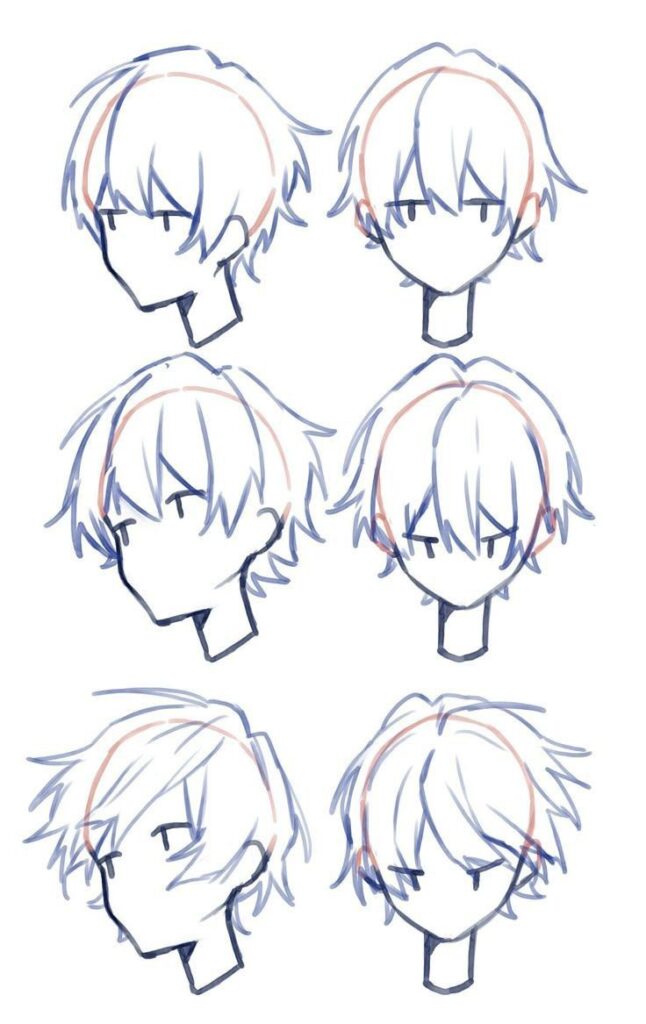 c7b451404c670eaae7bfffbc75fea677 Anime-style male character sketch with six different hairstyles and angles. | Sky Rye Design Anime-style male character sketch with six different hairstyles and angles.