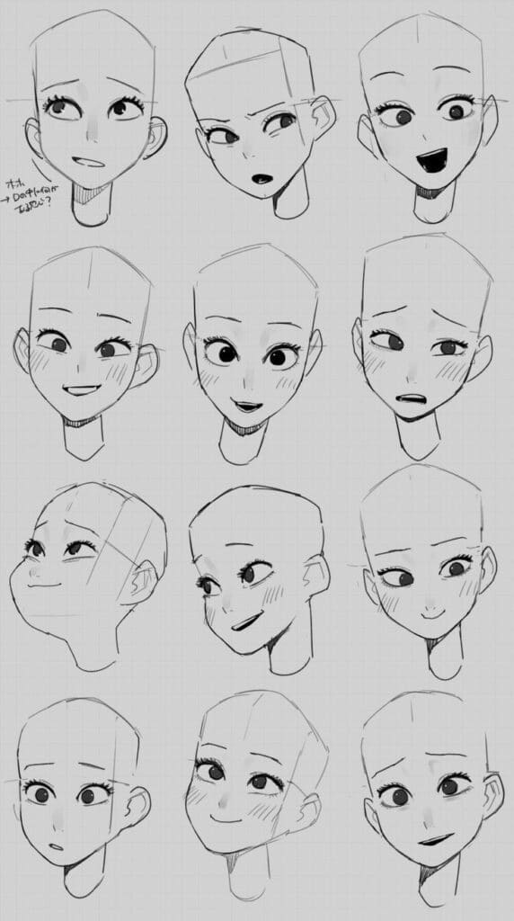 Anime-style sketch of twelve expressive faces on a grid, showcasing diverse emotions and details.