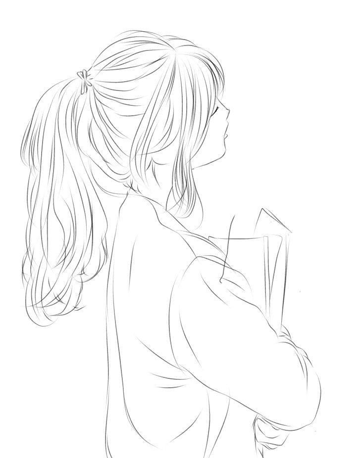 Sketch of a girl with a ponytail holding books, looking thoughtful. Simple and elegant line art drawing.