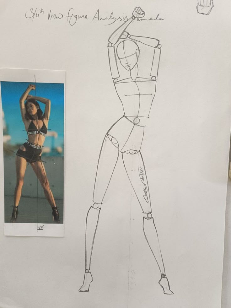 Sketch and photo of a female pose, 3/4 view figure analysis, artistic drawing study.