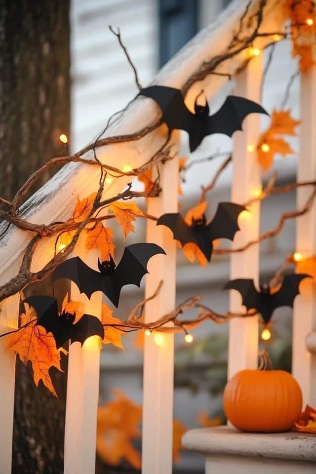Halloween-themed stairs with bat decorations, autumn leaves, and string lights, accented by a small pumpkin.