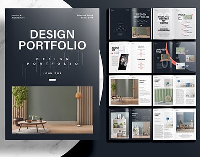 Design portfolio cover and interior layout showcasing modern architecture and interior design projects.