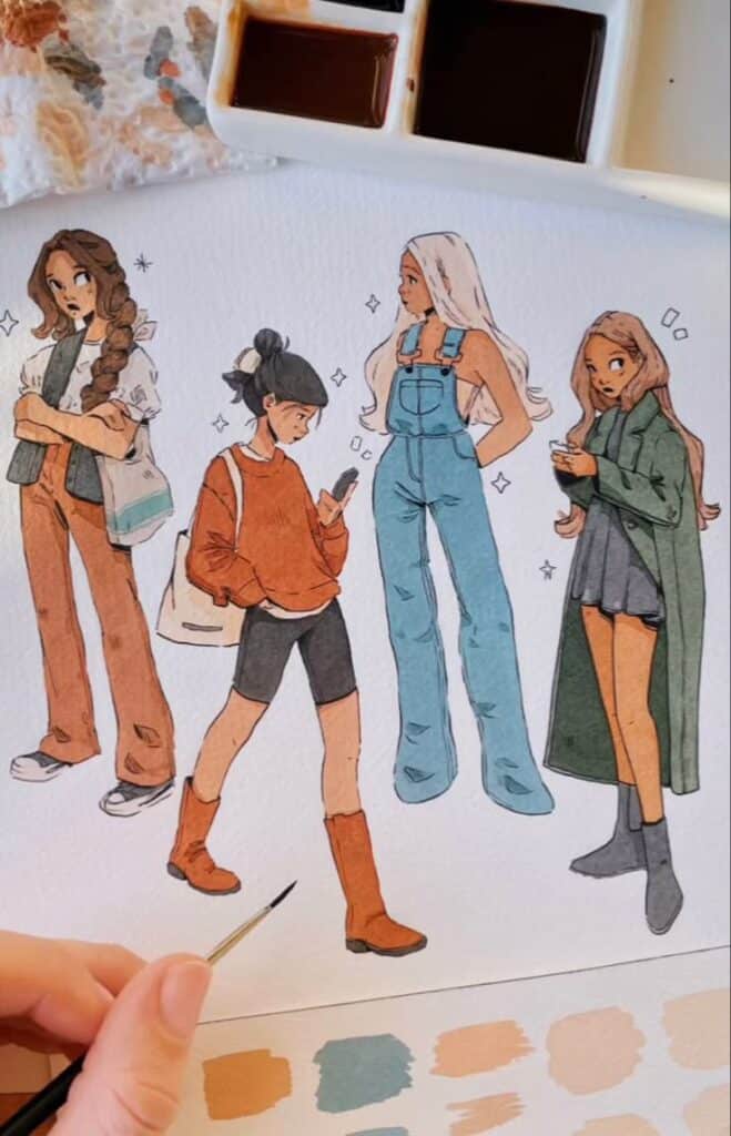 Illustration of four stylishly dressed girls with different outfits and accessories, painted with earthy colors.