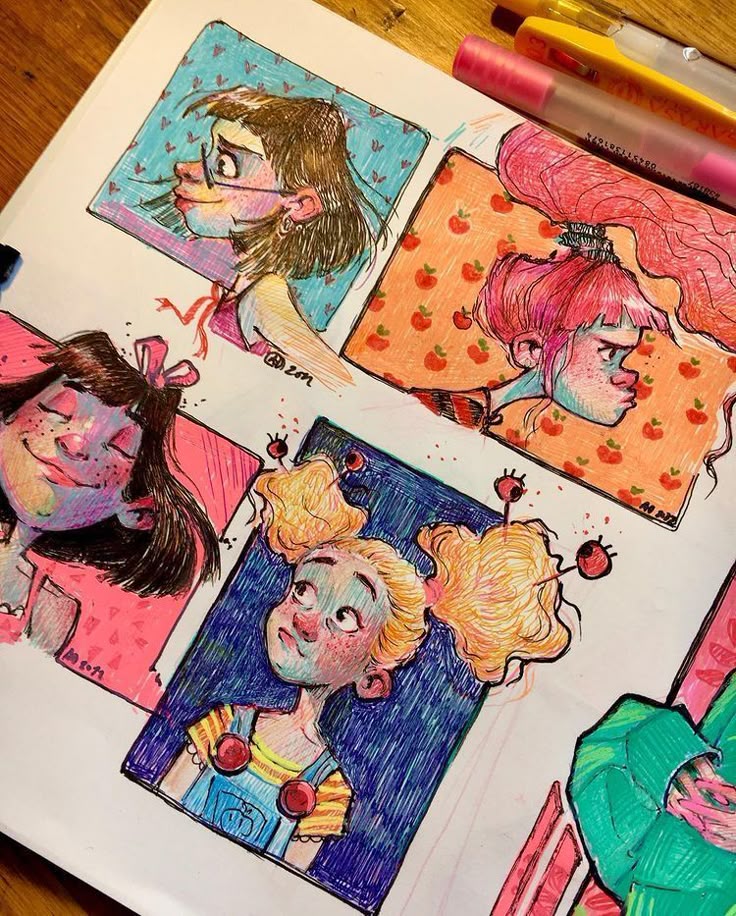 Colorful sketchbook with vibrant cartoon portraits, showcasing diverse hairstyles and expressions.