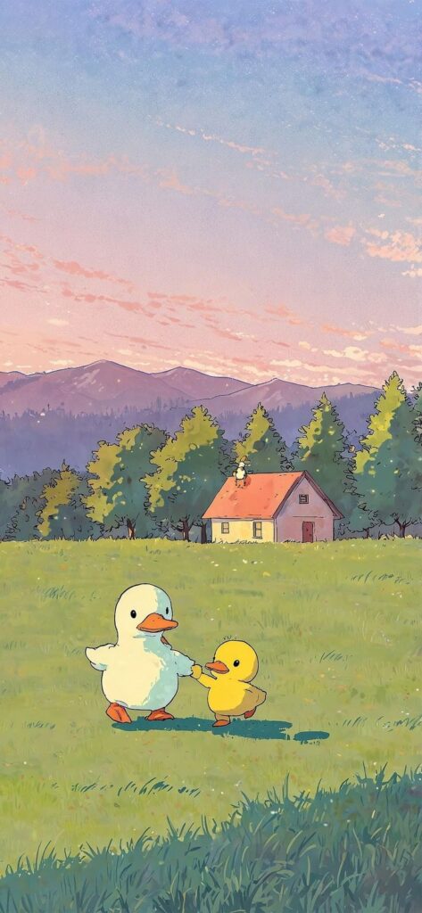 cc615769-a3ee-4949-9954-c94c4cf3bc18 Cartoon ducks playing in a field, with a cottage and sunset sky in the background. | Sky Rye Design Cartoon ducks playing in a field, with a cottage and sunset sky in the background.