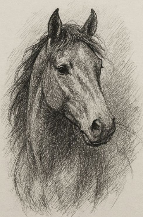 ccfc7202091a2b8d6be9a35e0d7b4c92 Pencil sketch of a horse's head displaying detailed shading and texture, capturing the animal's majestic and calm expression. | Sky Rye Design Pencil sketch of a horse's head displaying detailed shading and texture, capturing the animal's majestic and calm expression.