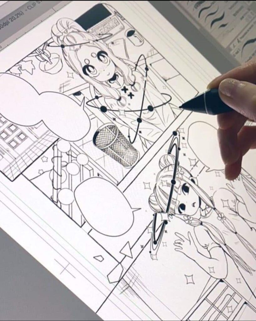 Artist drawing digital manga page with characters and speech bubbles on a tablet screen.
