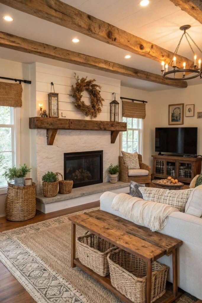 Cozy rustic living room with wood beams, fireplace, woven baskets, and natural decor elements.