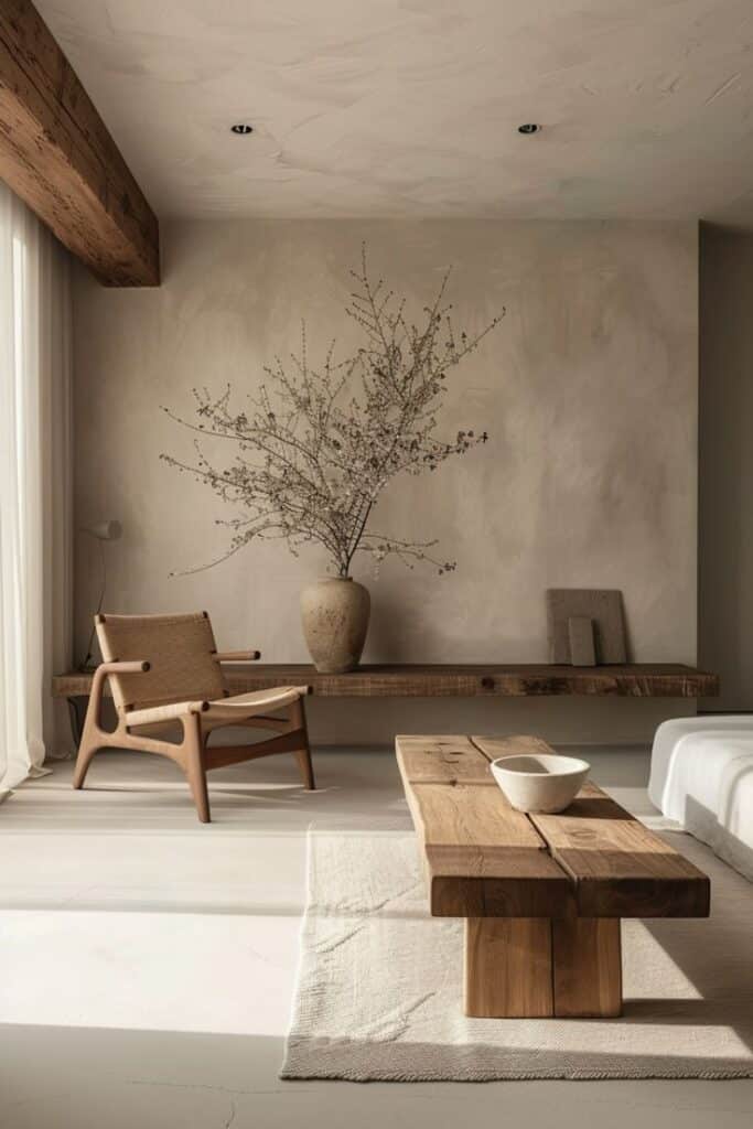 Minimalist living room with wooden furniture, modern chair, large vase, and soft natural lighting.