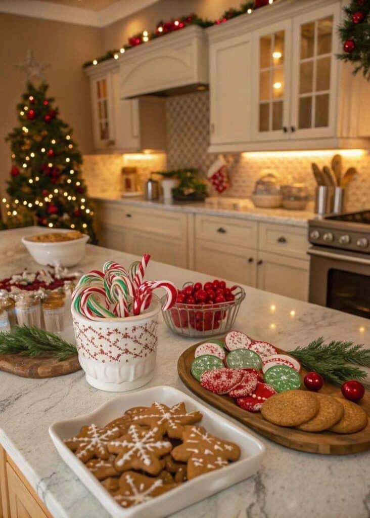 cfd2c8f7-2b3a-4f5f-8ce7-511e74181522 Festive kitchen with Christmas cookies, candy canes, and a decorated Christmas tree in the background. | Sky Rye Design Festive kitchen with Christmas cookies, candy canes, and a decorated Christmas tree in the background.