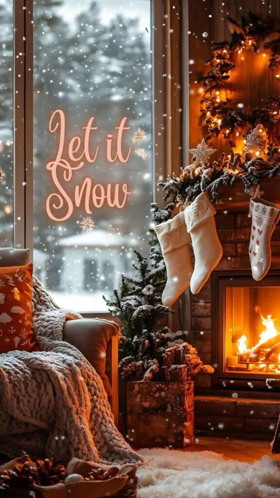 Cozy winter scene with Let it Snow on window, stockings hung by a warm fireplace, and snow gently falling outside.