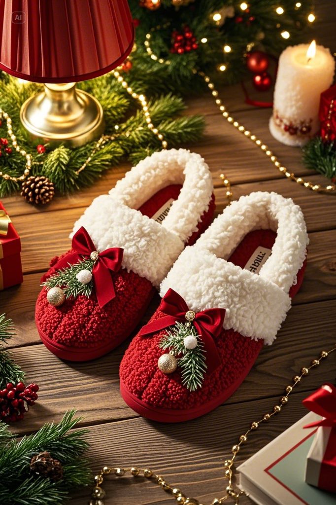 christmas outfit ideas Festive red and white slippers with Christmas decorations on a wooden floor, surrounded by holiday decor. | Sky Rye Design Festive red and white slippers with Christmas decorations on a wooden floor, surrounded by holiday decor.