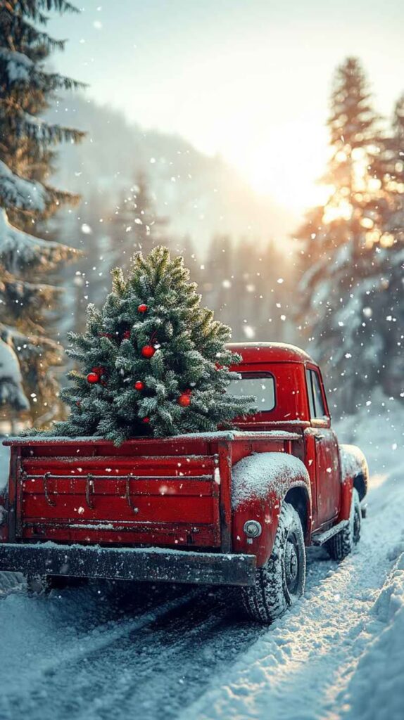Red vintage truck carrying a Christmas tree in snowy winter forest at sunset.