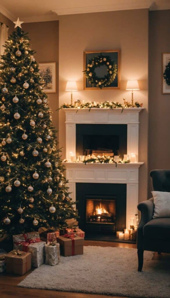 christmas wallpaper Cozy living room with Christmas tree, glowing fireplace, wreath, and wrapped gifts for a festive holiday atmosphere. | Sky Rye Design Cozy living room with Christmas tree, glowing fireplace, wreath, and wrapped gifts for a festive holiday atmosphere.