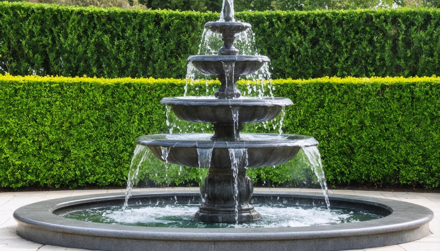 classical-garden-fountain Elegant three-tiered garden fountain with cascading water, set against lush green hedges. | Sky Rye Design Elegant three-tiered garden fountain with cascading water, set against lush green hedges.