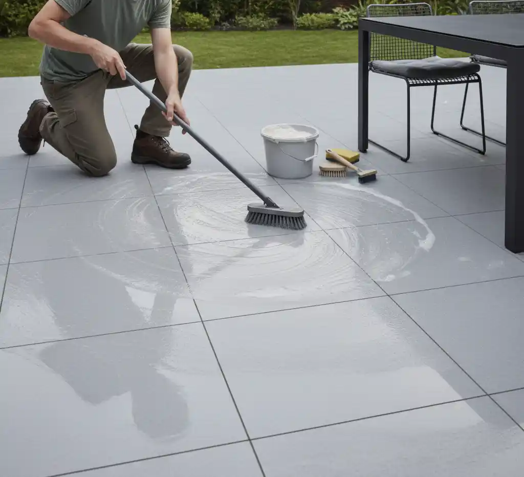 Person cleaning patio with brush and bucket, creating soapy lather on gray tiles near outdoor furniture. Gardening in background.