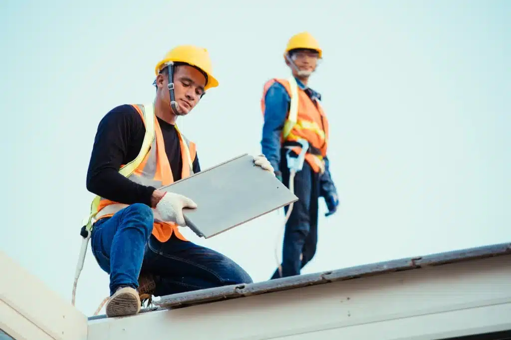 commercial-property-inspection Construction workers in safety gear installing roof tiles on a building site. | Sky Rye Design Construction workers in safety gear installing roof tiles on a building site.