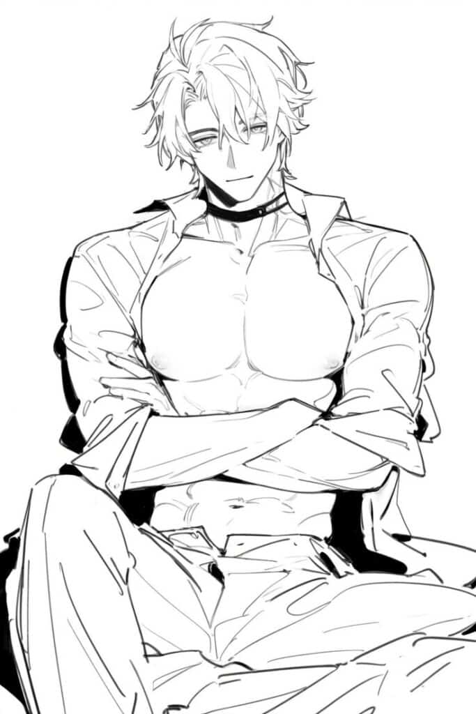 Anime character with tousled hair and open shirt, sitting confidently with arms crossed, monochrome illustration.
