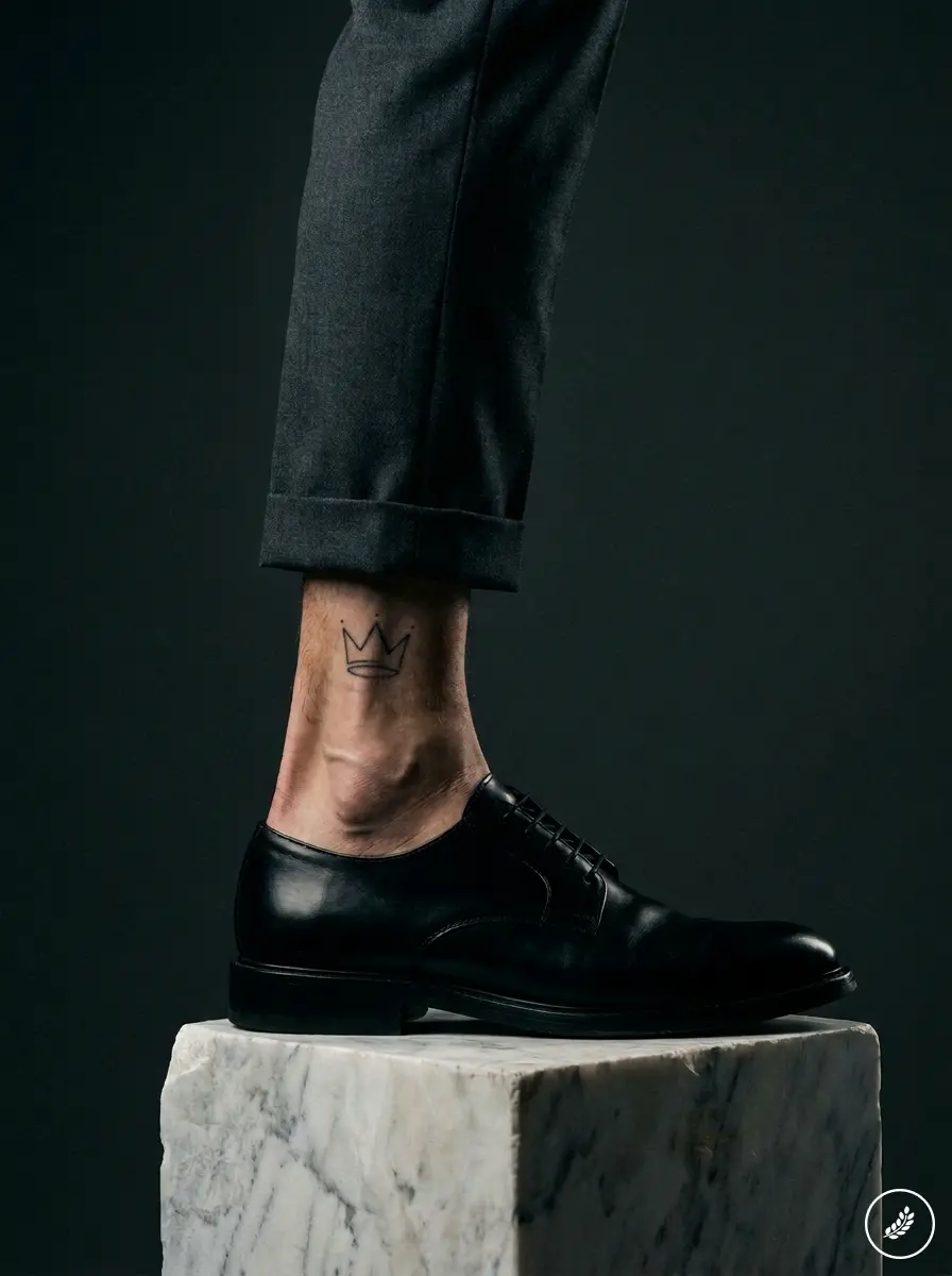 Mans_leg_wearing_derby_shoe_202607240116 Men's black leather dress shoe on marble pedestal, rolled trousers revealing crown ankle tattoo | Sky Rye Design Men's black leather dress shoe on marble pedestal, rolled trousers revealing crown ankle tattoo