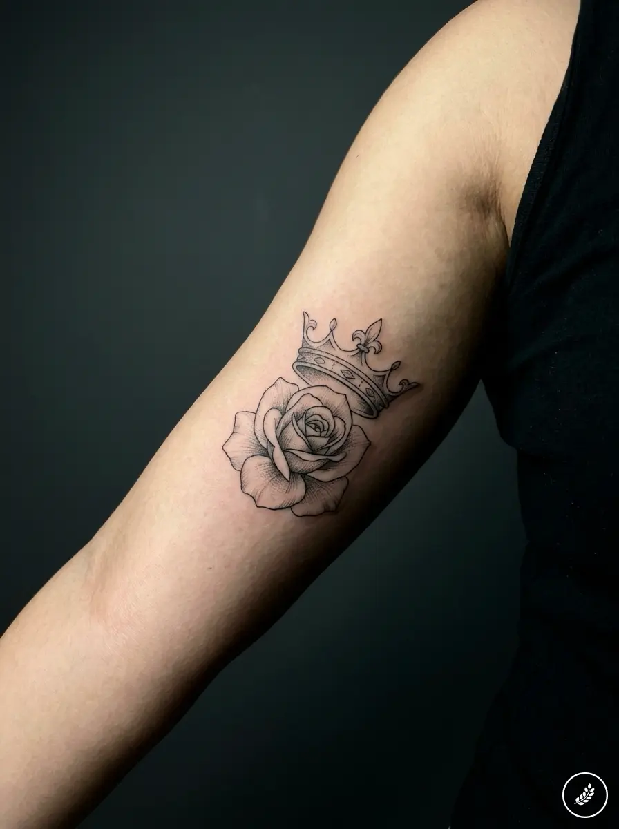 Upper_arm_crown_rose_tattoo_202607240119 Close-up of fine-line black rose with crown tattoo on inner upper arm | Sky Rye Design Close-up of fine-line black rose with crown tattoo on inner upper arm