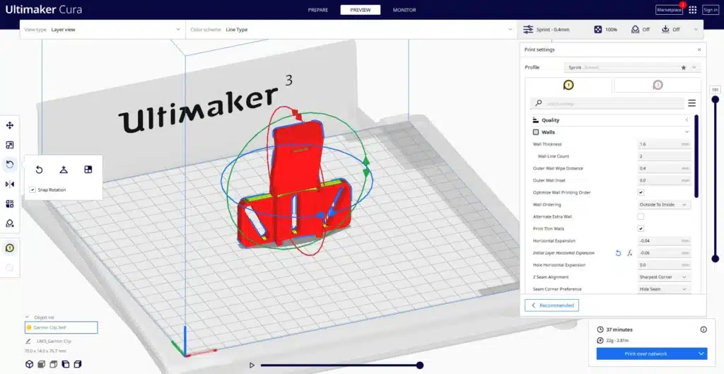 cura-1 3D printer software interface showing a red object design in Ultimaker Cura preview mode. | Sky Rye Design 3D printer software interface showing a red object design in Ultimaker Cura preview mode.