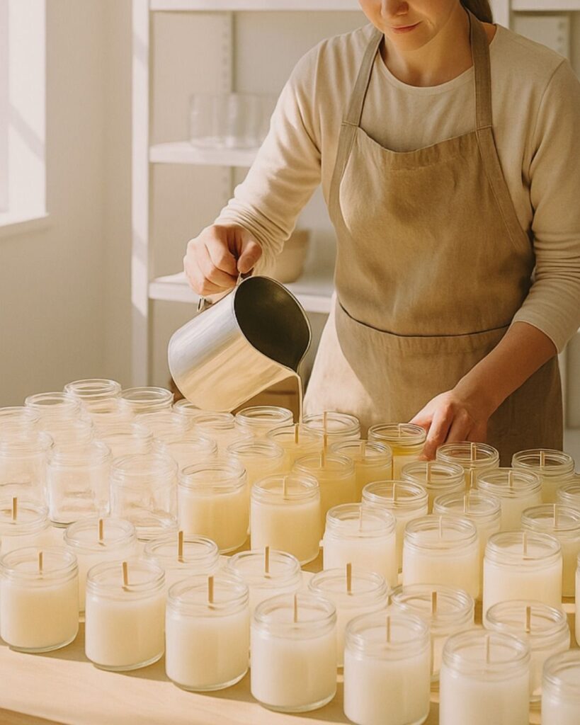 d07beb5e363203b51d33073bf9337803 Person pouring wax into jars for candle making in a bright workspace. | Sky Rye Design Person pouring wax into jars for candle making in a bright workspace.