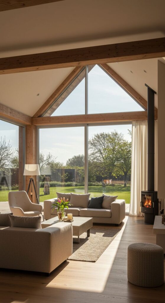 Modern living room with large windows, natural light, beige sofas, and a cozy fireplace overlooking a garden.