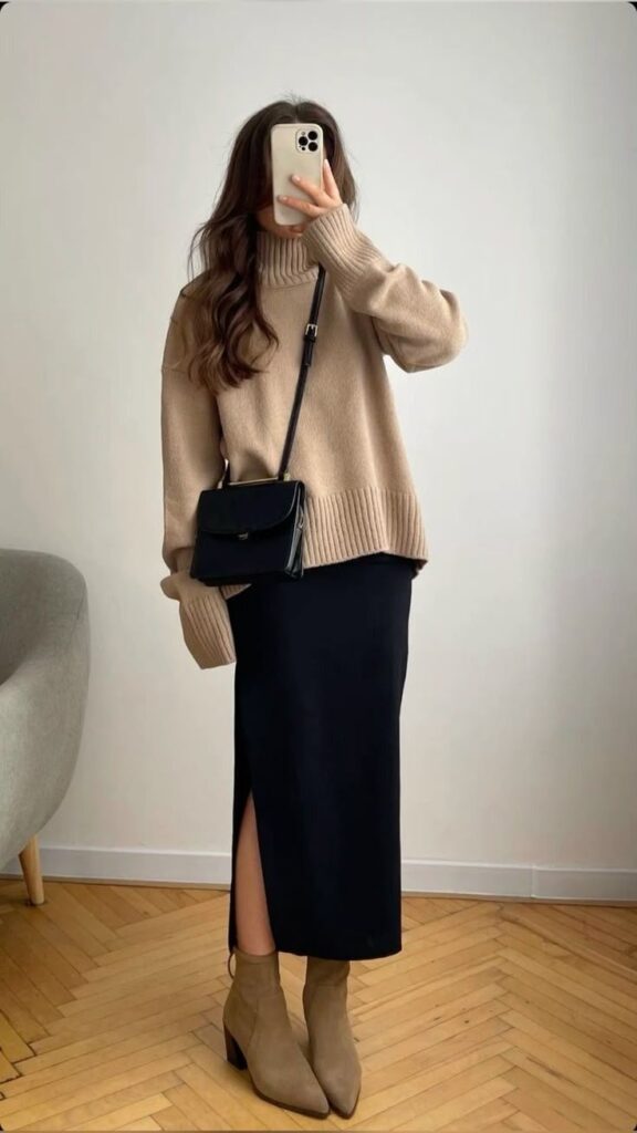 d1e18cf0-a573-43a2-b129-ba771d6166a1 Woman in beige sweater, black skirt, and ankle boots taking mirror selfie. Crossbody bag adds chic touch. | Sky Rye Design Woman in beige sweater, black skirt, and ankle boots taking mirror selfie. Crossbody bag adds chic touch.