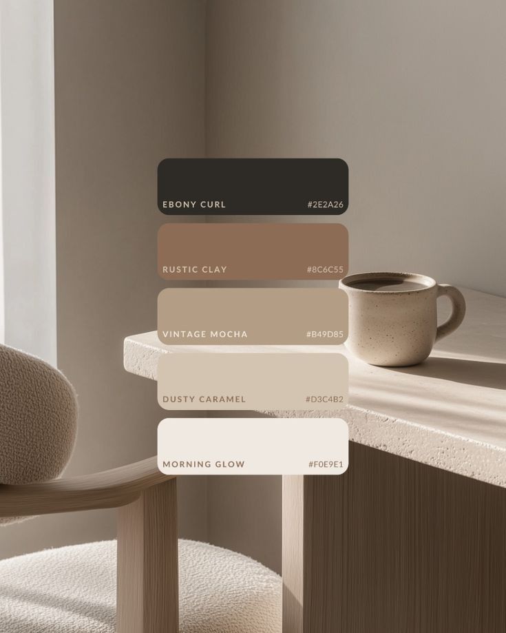 Neutral paint swatches: Ebony Curl, Rustic Clay, Vintage Mocha, Dusty Caramel, Morning Glow, with coffee cup on table.