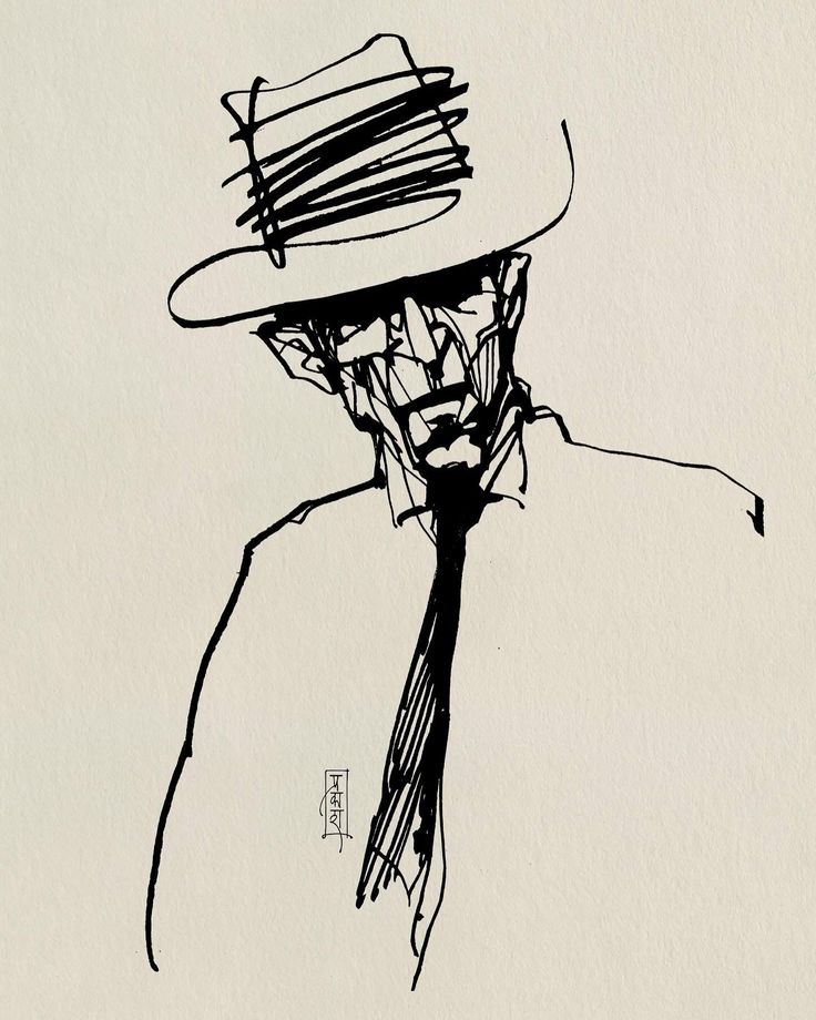 d3e496ee-21e8-4cb9-8099-33cb97b0ecac Abstract ink drawing of a man in a hat and tie, emphasizing bold lines and sketchy style. | Sky Rye Design Abstract ink drawing of a man in a hat and tie, emphasizing bold lines and sketchy style.