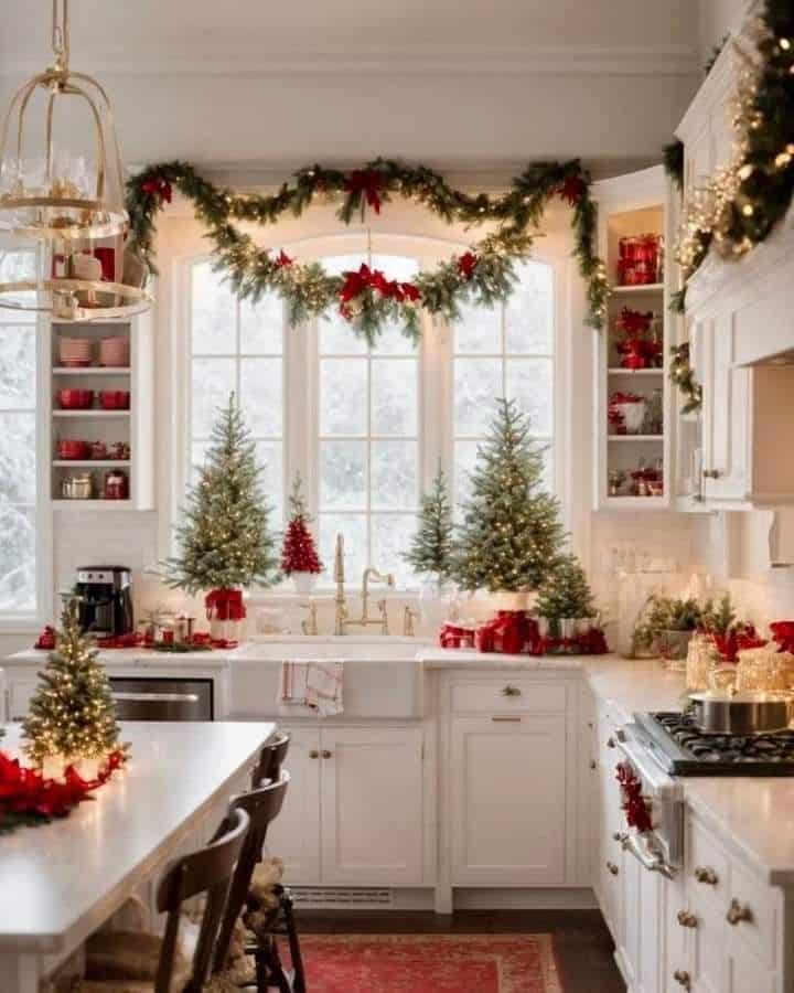 d3f96d1e-30c2-4403-ab28-2bfd3b810de4 Festive kitchen with Christmas decorations, garland, and small trees by a window with snowy view. Cozy holiday ambiance. | Sky Rye Design Festive kitchen with Christmas decorations, garland, and small trees by a window with snowy view. Cozy holiday ambiance.