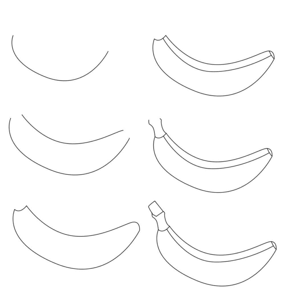 Step-by-step banana drawing guide, illustrating stages from basic outline to detailed sketch.