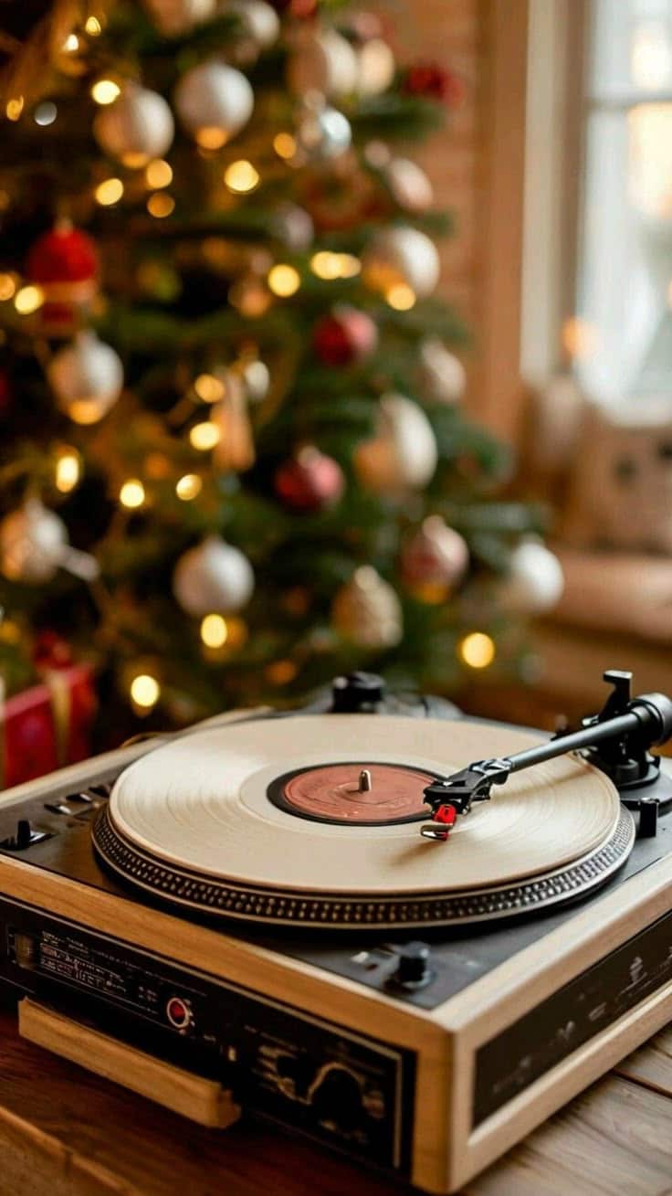 Vintage record player with vinyl near Christmas tree, glowing lights create a cozy holiday atmosphere.