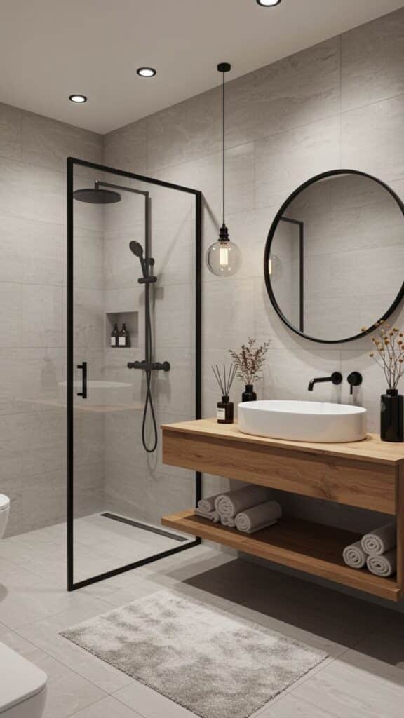 Modern bathroom with glass shower, wooden vanity, round mirror, and pendant light for elegant design.