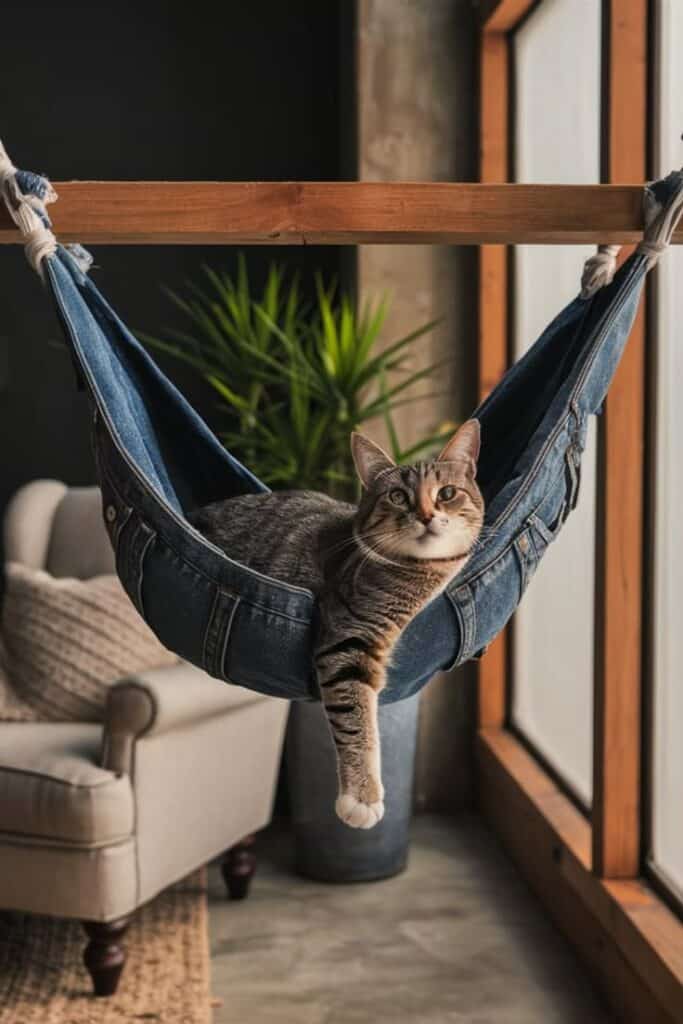 d5598d82-f8da-4670-b7bb-df40c6ef202e Cozy cat lounging in a hammock made from jeans indoors, with plants and armchair in the background. | Sky Rye Design Cozy cat lounging in a hammock made from jeans indoors, with plants and armchair in the background.
