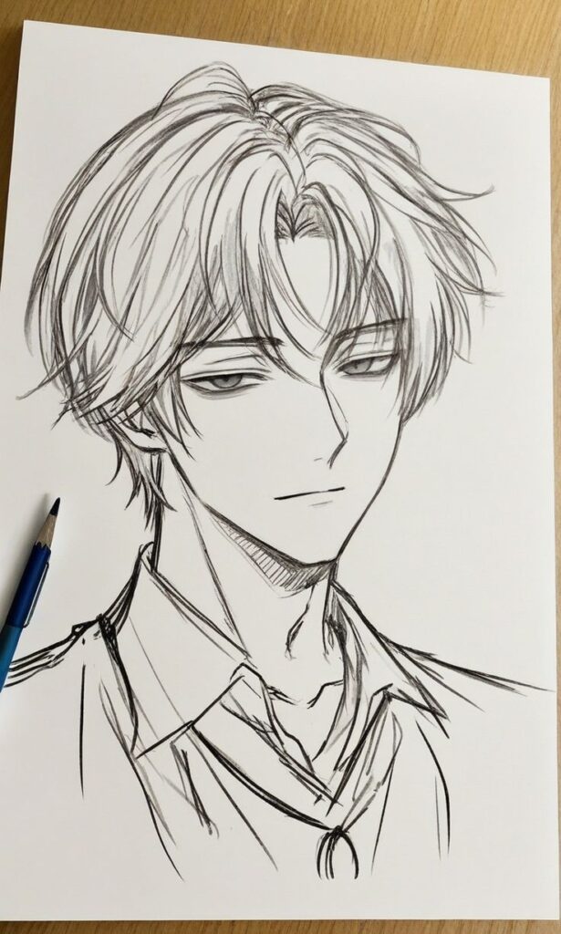 d6752cb8d7b1f3a6852bfb06149bdcce Anime-style sketch of a young man with tousled hair and a calm expression, pencil leaning nearby. | Sky Rye Design Anime-style sketch of a young man with tousled hair and a calm expression, pencil leaning nearby.