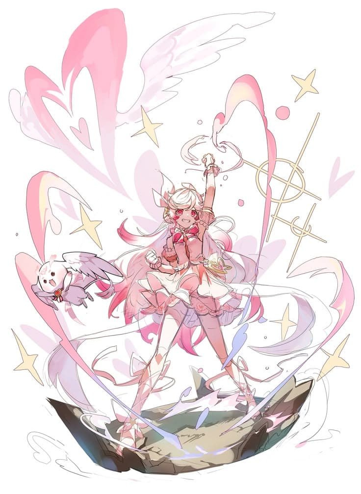 Magical girl and creature in vibrant pink and white, standing on a rock with swirling ribbons and stars.