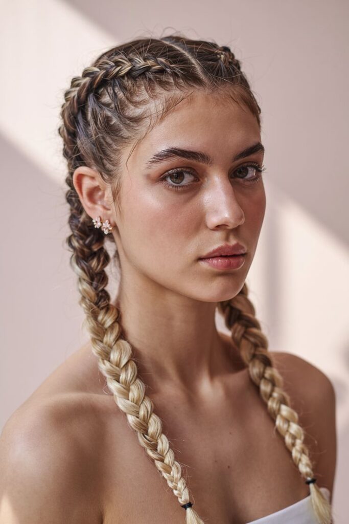 Young woman with sleek Dutch braids and floral earrings, wearing a white strapless top, under soft natural light.