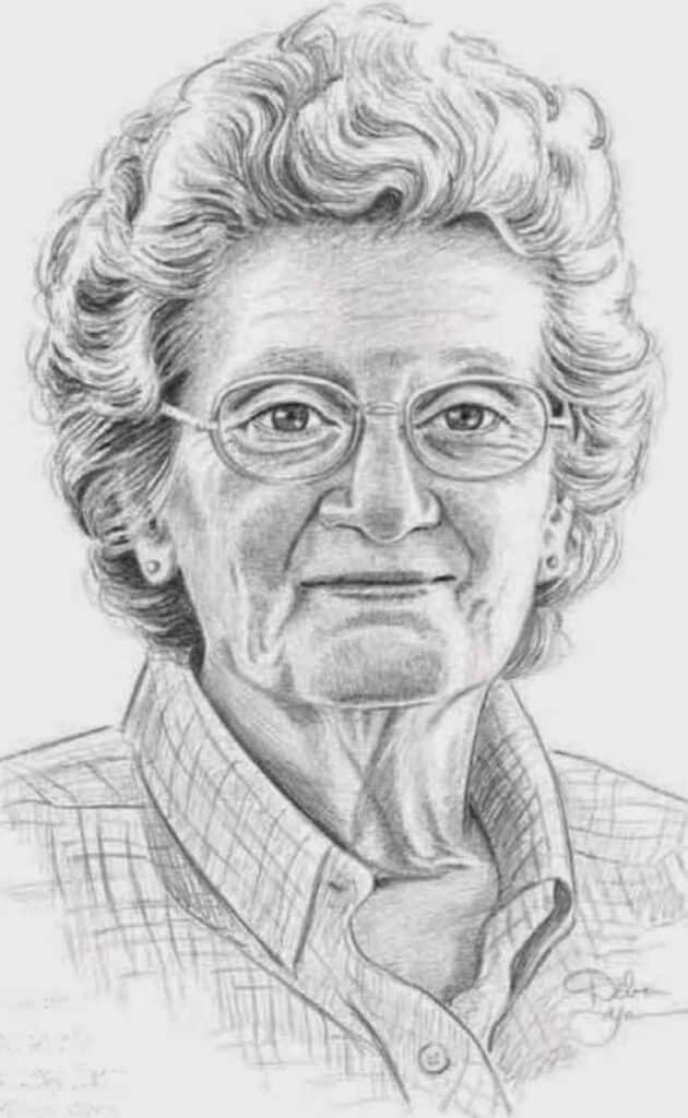 Pencil sketch of an elderly person wearing glasses and a checkered shirt, showcasing detailed facial features and expressions.